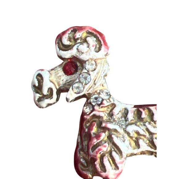 Vintage MCM Poodle Lapel Pin Brooch Gold Tone White Red Black Rhinestones 1" - Picture 2 of 4